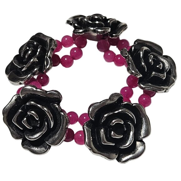 Vintage Silver Tone Carved Rose Pink Beaded Stretch Bracelet Fashion Jewelry - Picture 1 of 4